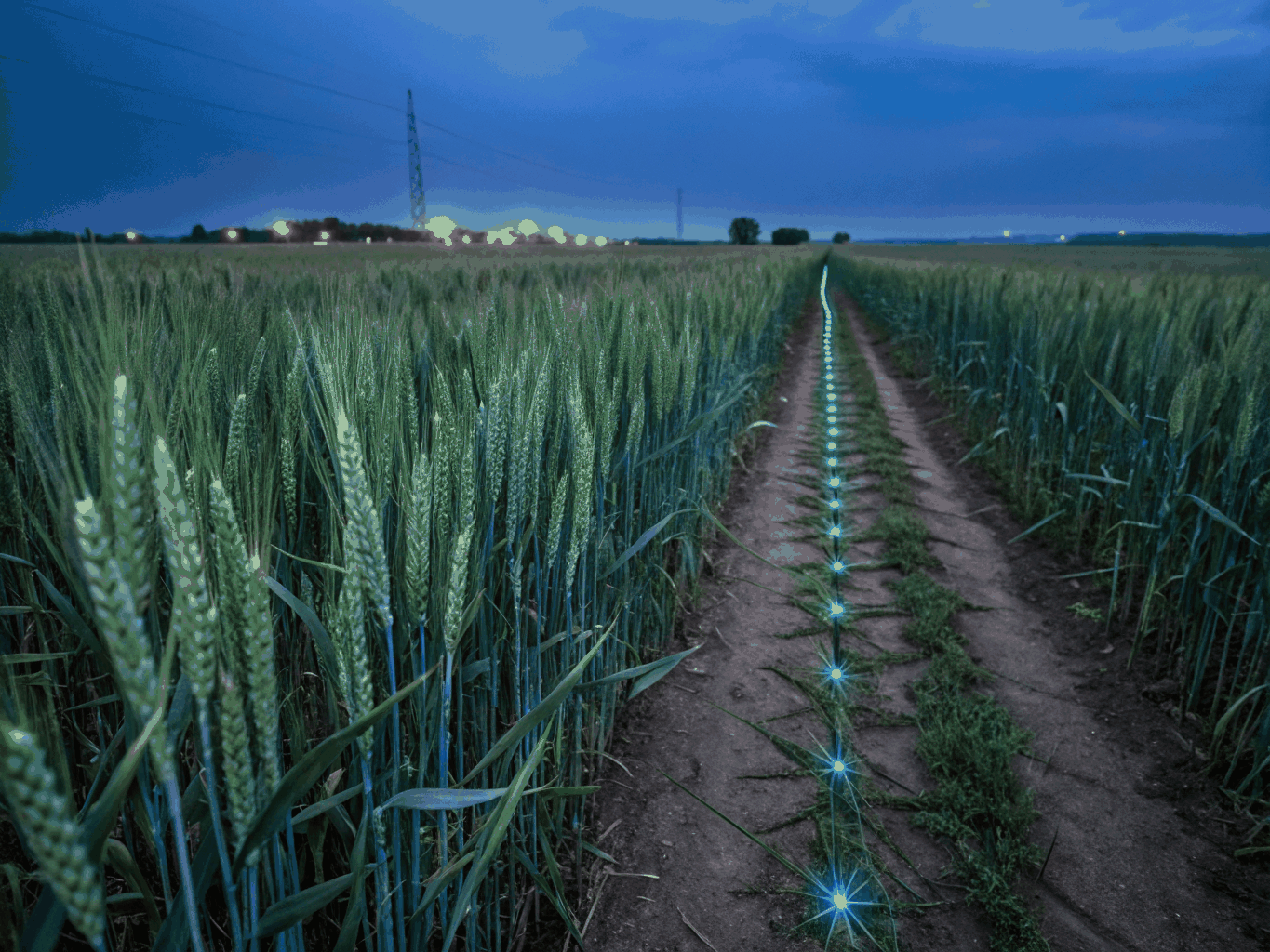 Aerial view of a crop formation in a dark wheat field at night